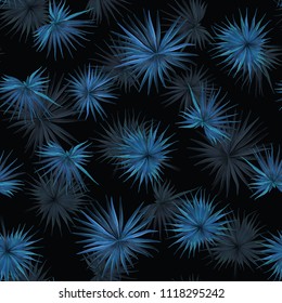 Palm Monstera Seamless Pattern. Indigo Tropical Summer Background. Beach Jungle Leaves for Swimwear Design. Lei Rapport. Vintage Hawaiian Print. Tropic Textile Texture.  Botanic tile.