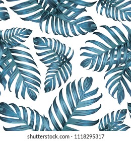 Palm Monstera Seamless Pattern. Indigo Tropical Summer Background. Beach Jungle Leaves for Swimwear Design. Lei Rapport. Retro Hawaiian Print. Exotic Texture. Botanic tiling.