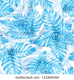 Palm Monstera Seamless Pattern. Indigo Tropical Summer Background. Beach Jungle Leaves for Swimwear Design. Lei Rapport. Retro Hawaiian Print. Exotic Texture. Botanic tile.