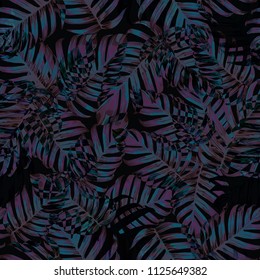 Palm Monstera Seamless Pattern. Indigo Tropical Summer Background. Beach Jungle Leaves for Swimwear Design. Lei Rapport. Vintage Hawaiian Print. Tropic Textile Texture.  Botanic tiling.
