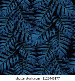 Palm Monstera Seamless Pattern. Indigo Tropical Summer Background. Beach Jungle Leaves for Swimwear Design. Lei Rapport. Vintage Hawaiian Print. Tropic Textile Texture.  Botanic tiling.