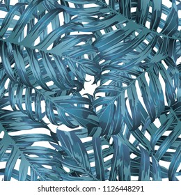 Palm Monstera Seamless Pattern. Indigo Tropical Summer Background. Beach Jungle Leaves for Swimwear Design. Lei Rapport. Retro Hawaiian Print. Tropic Textile Texture.  Botanic tiling.