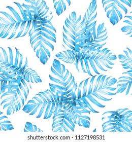 Palm Monstera Seamless Pattern. Indigo Tropical Summer Background. Beach Jungle Leaves for Swimwear Design. Lei Rapport. Retro Hawaiian Print. Tropic Textile Texture.  Botanic tiling.