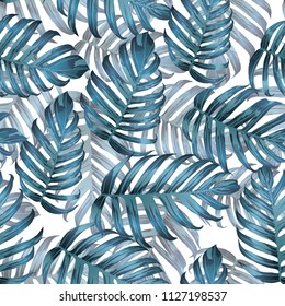 Palm Monstera Seamless Pattern. Indigo Tropical Summer Background. Beach Jungle Leaves for Swimwear Design. Lei Rapport. Retro Hawaiian Print. Exotic Texture. Botanic tile.