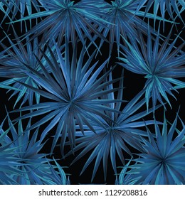 Palm Monstera Seamless Pattern. Indigo Tropical Summer Background. Beach Jungle Leaves for Swimwear Design. Lei Rapport. Vintage Hawaiian Print. Exotic Texture. Botanic tiling.