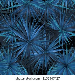 Palm Monstera Seamless Pattern. Indigo Tropical Summer Background. Beach Jungle Leaves for Swimwear Design. Lei Rapport. Retro Hawaiian Print. Tropic Textile Texture.  Botanic tile.