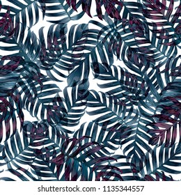 Palm Monstera Seamless Pattern. Indigo Tropical Summer Background. Beach Jungle Leaves for Swimwear Design. Lei Rapport. Vintage Hawaiian Print. Exotic Texture. Botanic tiling.