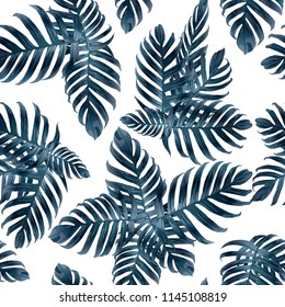 Palm Monstera Seamless Pattern. Indigo Tropical Summer Background. Beach Jungle Leaves for Swimwear Design. Lei Rapport. Vintage Hawaiian Print. Tropic Textile Texture.  Botanic tiling.