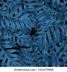 Palm Monstera Seamless Pattern. Indigo Tropical Summer Background. Beach Jungle Leaves for Swimwear Design. Lei Rapport. Retro Hawaiian Print. Tropic Textile Texture.  Botanic tile.