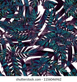 Palm Monstera Seamless Pattern. Indigo Tropical Summer Background. Beach Jungle Leaves for Swimwear Design. Lei Rapport. Retro Hawaiian Print. Tropic Textile Texture.  Botanic tile.