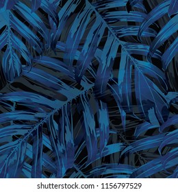 Palm Monstera Seamless Pattern. Indigo Tropical Summer Background. Beach Jungle Leaves for Swimwear Design. Lei Rapport. Retro Hawaiian Print. Tropic Textile Texture.  Botanic tile.