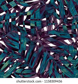 Palm Monstera Seamless Pattern. Indigo Tropical Summer Background. Beach Jungle Leaves for Swimwear Design. Lei Rapport. Vintage Hawaiian Print. Tropic Textile Texture.  Botanic tiling.