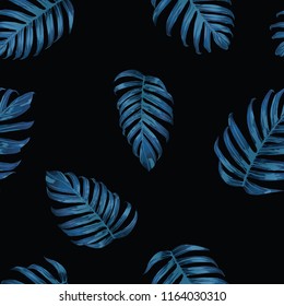 Palm Monstera Seamless Pattern. Indigo Tropical Summer Background. Beach Jungle Leaves for Swimwear Design. Lei Rapport. Vintage Hawaiian Print. Exotic Texture. Botanic tiling.