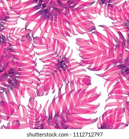 Palm Monstera Seamless Pattern. Magenta Tropical Summer Background. Beach Jungle Leaves for Swimwear Design. Lei Rapport. Retro Hawaiian Print. Exotic Texture. Botanic tile.