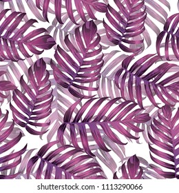 Palm Monstera Seamless Pattern. Magenta Tropical Summer Background. Beach Jungle Leaves for Swimwear Design. Lei Rapport. Vintage Hawaiian Print. Exotic Texture. Botanic tiling.