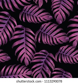 Palm Monstera Seamless Pattern. Magenta Tropical Summer Background. Beach Jungle Leaves for Swimwear Design. Lei Rapport. Vintage Hawaiian Print. Exotic Texture. Botanic tiling.