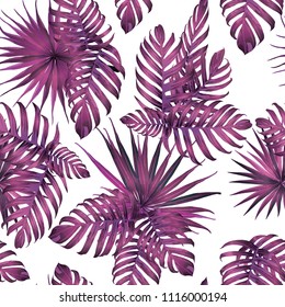 Palm Monstera Seamless Pattern. Magenta Tropical Summer Background. Beach Jungle Leaves for Swimwear Design. Lei Rapport. Vintage Hawaiian Print. Exotic Texture. Botanic tile.