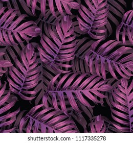 Palm Monstera Seamless Pattern. Magenta Tropical Summer Background. Beach Jungle Leaves for Swimwear Design. Lei Rapport. Vintage Hawaiian Print. Exotic Texture. Botanic tiling.