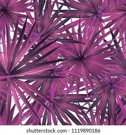 Palm Monstera Seamless Pattern. Magenta Tropical Summer Background. Beach Jungle Leaves for Swimwear Design. Lei Rapport. Retro Hawaiian Print. Tropic Textile Texture.  Botanic tiling.