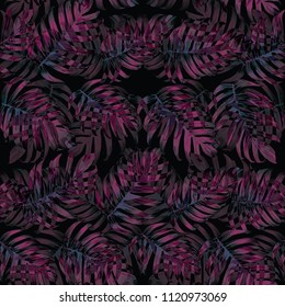 Palm Monstera Seamless Pattern. Magenta Tropical Summer Background. Beach Jungle Leaves for Swimwear Design. Lei Rapport. Vintage Hawaiian Print. Tropic Textile Texture.  Botanic tile.