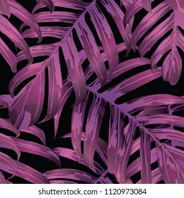 Palm Monstera Seamless Pattern. Magenta Tropical Summer Background. Beach Jungle Leaves for Swimwear Design. Lei Rapport. Vintage Hawaiian Print. Exotic Texture. Botanic tile.