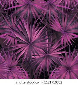 Palm Monstera Seamless Pattern. Magenta Tropical Summer Background. Beach Jungle Leaves for Swimwear Design. Retro Hawaiian Print. Tropic Textile Texture.  Botanic tiling.