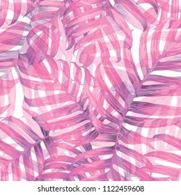 Palm Monstera Seamless Pattern. Magenta Tropical Summer Background. Beach Jungle Leaves for Swimwear Design. Lei Rapport. Vintage Hawaiian Print. Tropic Textile Texture.  Botanic tiling.