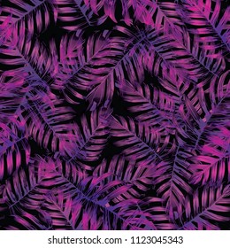 Palm Monstera Seamless Pattern. Magenta Tropical Summer Background. Beach Jungle Leaves for Swimwear Design. Lei Rapport. Retro Hawaiian Print. Tropic Textile Texture.  Botanic tiling.