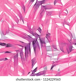 Palm Monstera Seamless Pattern. Magenta Tropical Summer Background. Beach Jungle Leaves for Swimwear Design. Retro Hawaiian Print. Exotic Texture. Botanic tile.