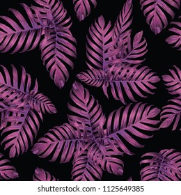 Palm Monstera Seamless Pattern. Magenta Tropical Summer Background. Beach Jungle Leaves for Swimwear Design. Lei Rapport. Vintage Hawaiian Print. Tropic Textile Texture.  Botanic tiling.