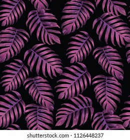 Palm Monstera Seamless Pattern. Magenta Tropical Summer Background. Beach Jungle Leaves for Swimwear Design. Lei Rapport. Vintage Hawaiian Print. Tropic Textile Texture.  Botanic tiling.