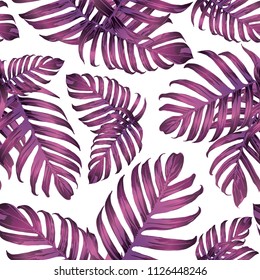 Palm Monstera Seamless Pattern. Magenta Tropical Summer Background. Beach Jungle Leaves for Swimwear Design. Lei Rapport. Vintage Hawaiian Print. Tropic Textile Texture.  Botanic tiling.