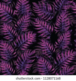 Palm Monstera Seamless Pattern. Magenta Tropical Summer Background. Beach Jungle Leaves for Swimwear Design. Lei Rapport. Retro Hawaiian Print. Exotic Texture. Botanic tile.