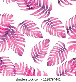 Palm Monstera Seamless Pattern. Magenta Tropical Summer Background. Beach Jungle Leaves for Swimwear Design. Lei Rapport. Retro Hawaiian Print. Tropic Textile Texture.  Botanic tiling.