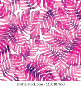 Palm Monstera Seamless Pattern. Magenta Tropical Summer Background. Beach Jungle Leaves for Swimwear Design. Lei Rapport. Vintage Hawaiian Print. Tropic Textile Texture.  Botanic tile.