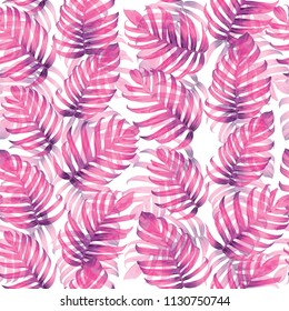 Palm Monstera Seamless Pattern. Magenta Tropical Summer Background. Beach Jungle Leaves for Swimwear Design. Lei Rapport. Retro Hawaiian Print. Tropic Textile Texture.  Botanic tile.