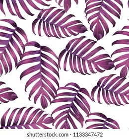 Palm Monstera Seamless Pattern. Magenta Tropical Summer Background. Beach Jungle Leaves for Swimwear Design. Lei Rapport. Vintage Hawaiian Print. Exotic Texture. Botanic tile.