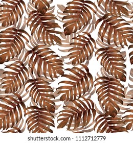 Palm Monstera Seamless Pattern. Orange White Tropical Summer Background. Beach Jungle Leaves for Swimwear Design. Lei Rapport. Vintage Hawaiian Print. Exotic Texture. Botanic tile.