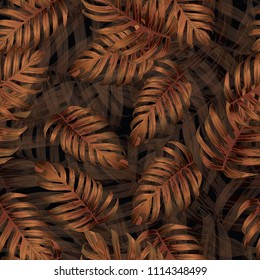 Palm Monstera Seamless Pattern. Orange Black Tropical Summer Background. Beach Jungle Leaves for Swimwear Design. Lei Rapport. Retro Hawaiian Print. Exotic Texture. Botanic tile.