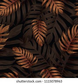 Palm Monstera Seamless Pattern. Orange Black Tropical Summer Background. Beach Jungle Leaves for Swimwear Design. Lei Rapport. Vintage Hawaiian Print. Tropic Textile Texture.  Botanic tile.