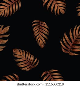 Palm Monstera Seamless Pattern. Orange Black Tropical Summer Background. Beach Jungle Leaves for Swimwear Design. Lei Rapport. Vintage Hawaiian Print. Exotic Texture. Botanic tile.