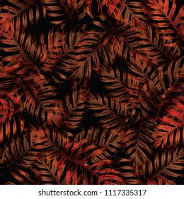 Palm Monstera Seamless Pattern. Orange Black Tropical Summer Background. Beach Jungle Leaves for Swimwear Design. Lei Rapport. Retro Hawaiian Print. Exotic Texture. Botanic tile.