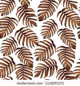 Palm Monstera Seamless Pattern. Orange White Tropical Summer Background. Beach Jungle Leaves for Swimwear Design. Lei Rapport. Vintage Hawaiian Print. Tropic Textile Texture.  Botanic tile.