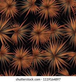 Palm Monstera Seamless Pattern. Orange Black Tropical Summer Background. Beach Jungle Leaves for Swimwear Design. Lei Rapport. Retro Hawaiian Print. Exotic Texture. Botanic tiling.