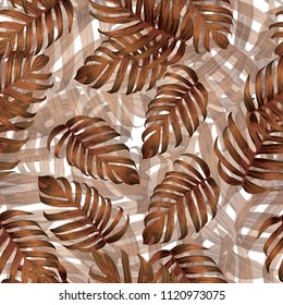 Palm Monstera Seamless Pattern. Orange White Tropical Summer Background. Beach Jungle Leaves for Swimwear Design. Lei Rapport. Retro Hawaiian Print. Exotic Texture. Botanic tile.