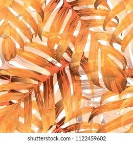 Palm Monstera Seamless Pattern. Orange White Tropical Summer Background. Beach Jungle Leaves for Swimwear Design. Lei Rapport. Vintage Hawaiian Print. Exotic Texture. Botanic tile.