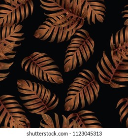 Palm Monstera Seamless Pattern. Orange Black Tropical Summer Background. Beach Jungle Leaves for Swimwear Design. Lei Rapport. Vintage Hawaiian Print. Exotic Texture. Botanic tiling.