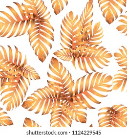 Palm Monstera Seamless Pattern. Orange White Tropical Summer Background. Beach Jungle Leaves for Swimwear Design. Retro Hawaiian Print. Exotic Texture. Botanic tile.