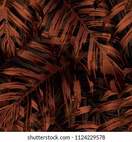 Palm Monstera Seamless Pattern. Orange Black Tropical Summer Background. Beach Jungle Leaves for Swimwear Design. Vintage Hawaiian Print. Tropic Textile Texture.  Botanic tiling.