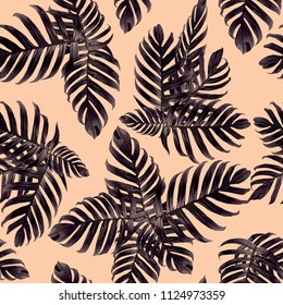 Palm Monstera Seamless Pattern. Orange Black Tropical Summer Background. Beach Jungle Leaves for Swimwear Design. Lei Rapport. Vintage Hawaiian Print. Exotic Texture. Botanic tile.